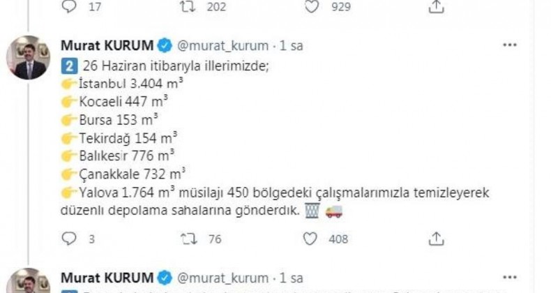 Bakan Kurum: Marmara Denizi nde 7 bin 430 metreküp müsilajı bertaraf ettik
